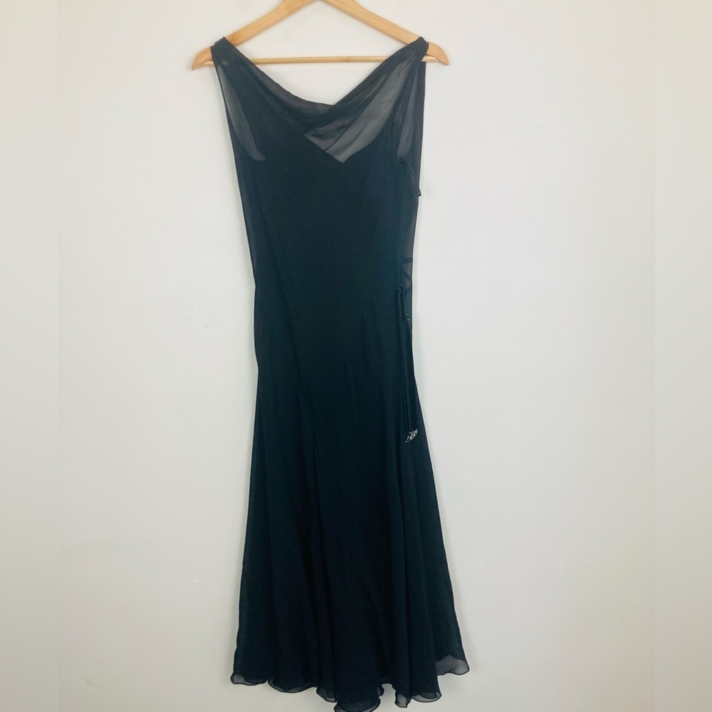 Vintage Y2K silk bias cut sheer silk dress with cowl neck and clasp belt. Sz 3/4